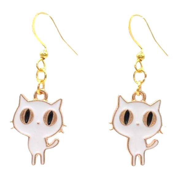 White Cat Earrings Gold Tone Spooky Cute Dangle Drop - Picture 1 of 4